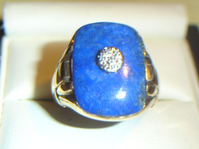 VINTAGE 10kY/G MENS LAPIS DIAMOND RING, SIGN HAND WROUGHT  