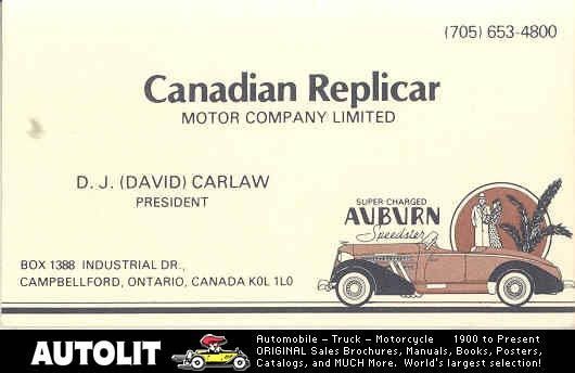 1975 Auburn Speedster Kit Car Business Card Canada  
