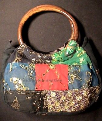 ANTIQUE BEADED VINTAGE SARI GLITTER INDIA BAG BLACK NEW  