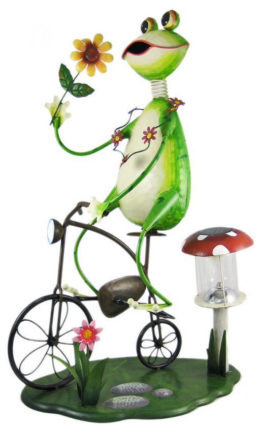 Cool Bike Riding Frog Solar Lamp Garden Statue Metal  