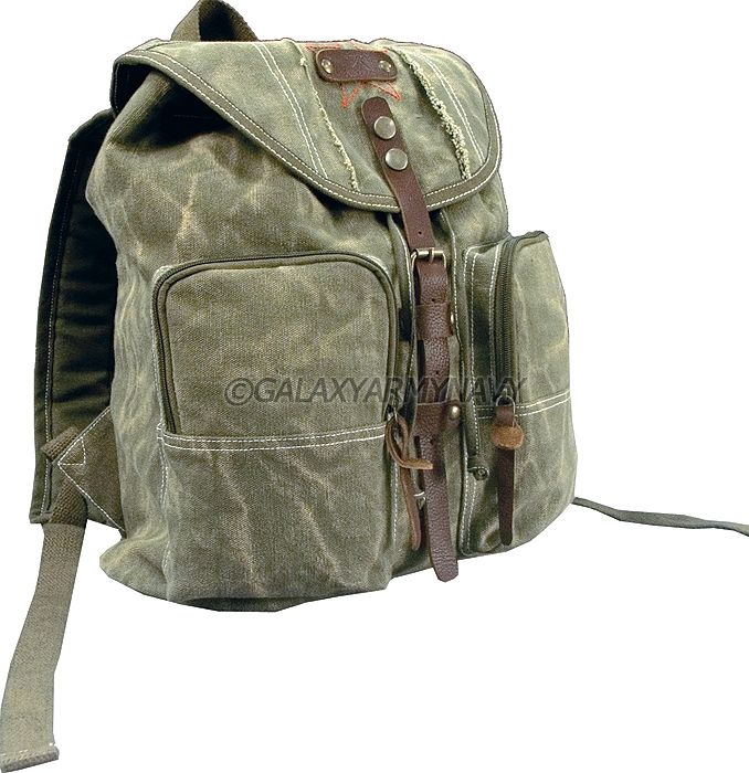 Military Army Stonewashed Backpack w/Leather Accents  