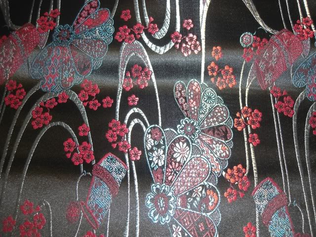 Genuine Chinese Heavy Black Satin Brocade Fabric, Red Blue Fans 