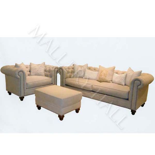Grey Limed Oak & Natural Tufted Linen Chesterfield Sofa  