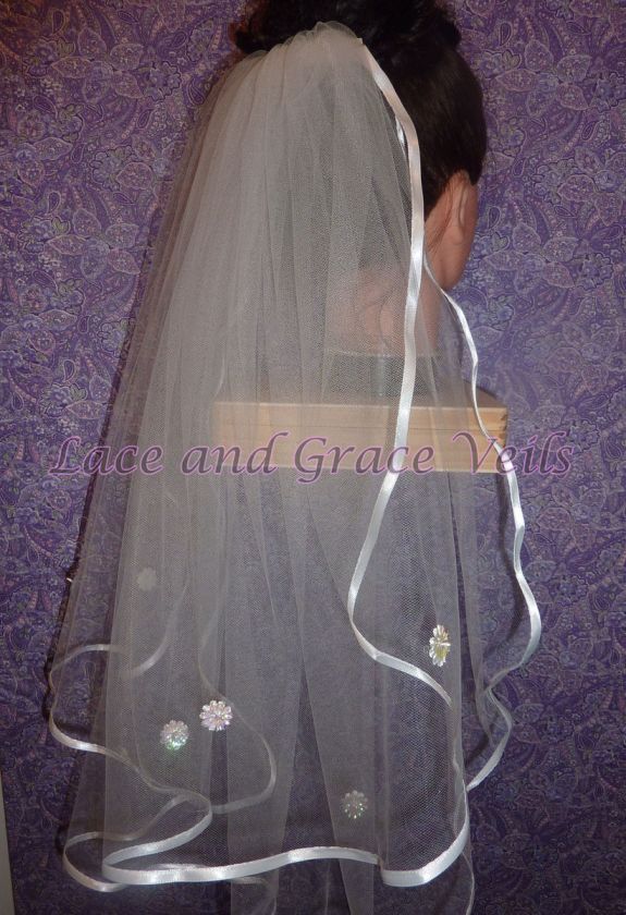 First Holy Communion Veil with flowers on veil on White Satin Comb 