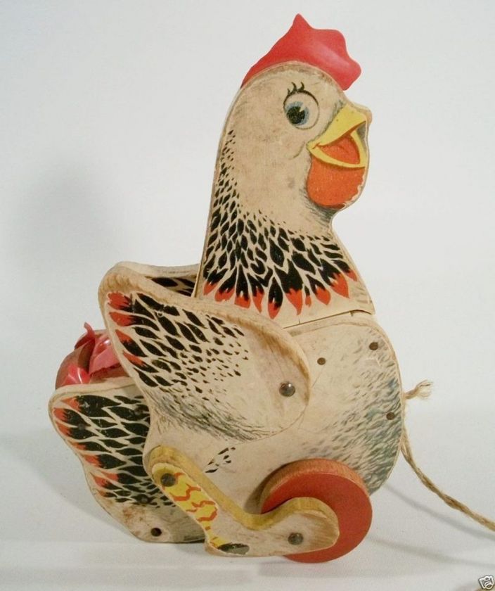 Old Vintage 1958 Fisher Price Cackling Hen Wooden Pull Toy #120 VIDEO